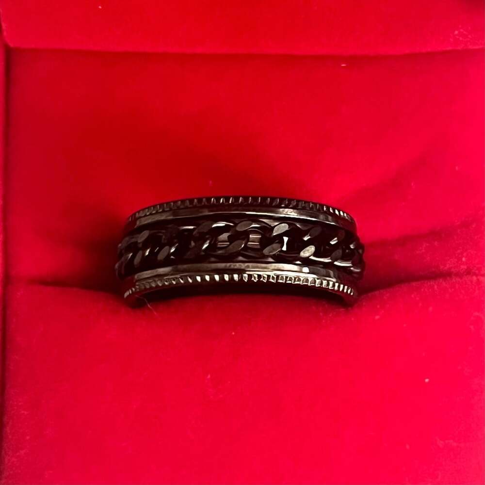 Stainless Steel Black Spinner Ring With Chain Detail Size 9
